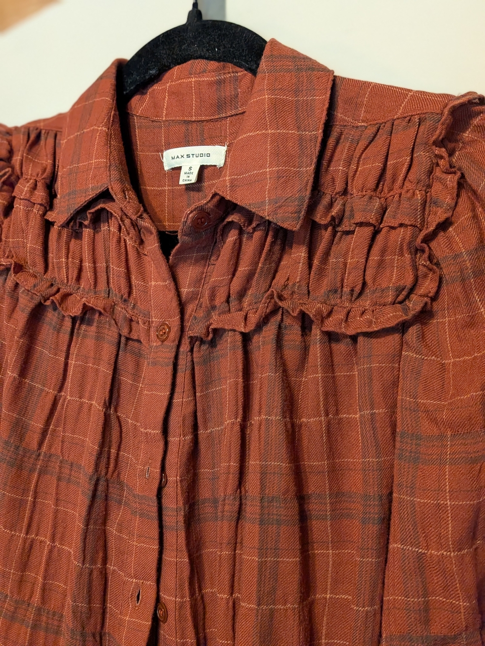 Max Studio Ruffle-Yoke Button-Front Blouse in Rust - Picture 9 of 11
